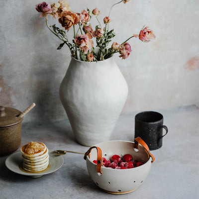 Ceramic Berry Bowl with Leather Handles