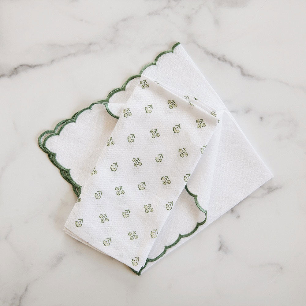 Scallop Border Linen Napkin Set - Green