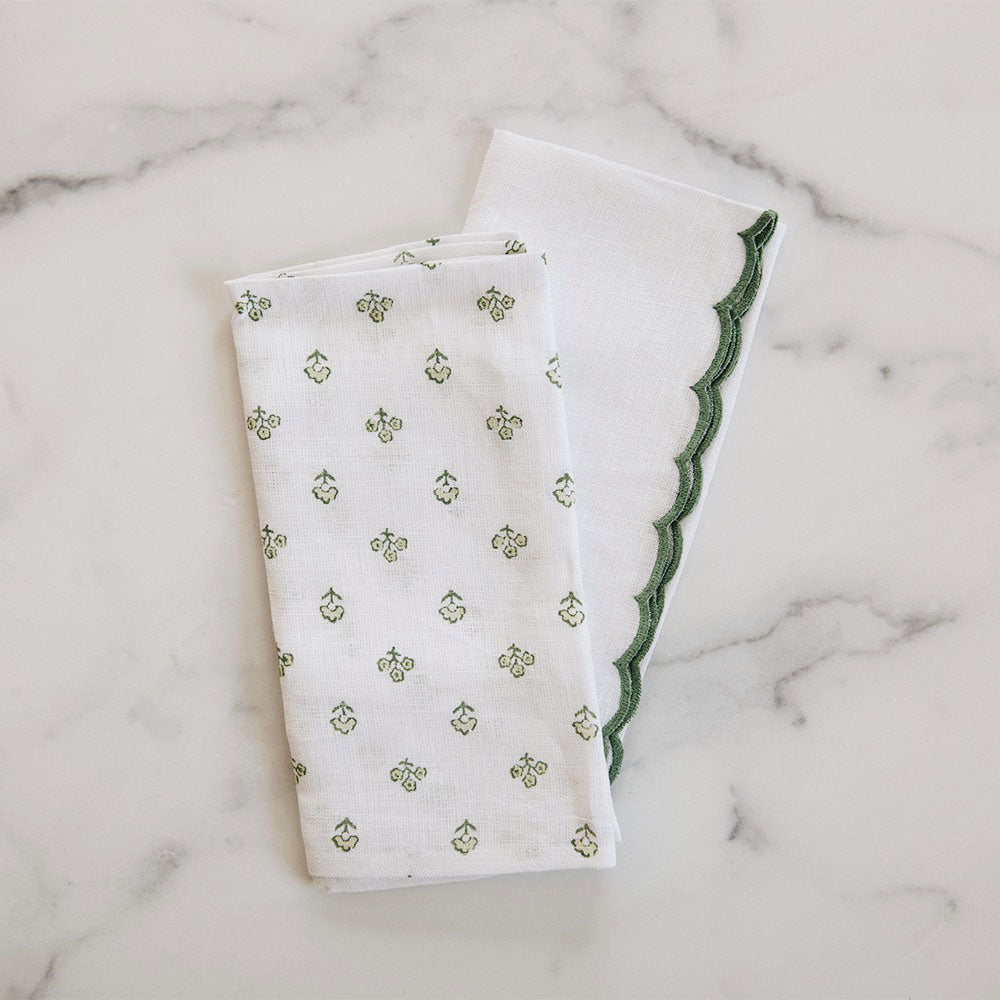 Scallop Border Linen Napkin Set - Green