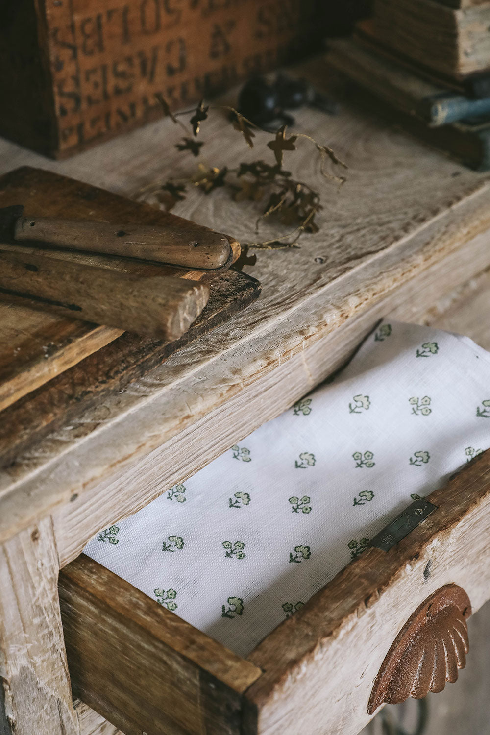 Hand Block-Printed Linen Napkin Set - Green