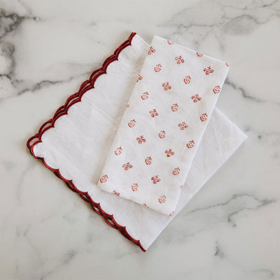 Scallop Border Linen Napkin Set - Red