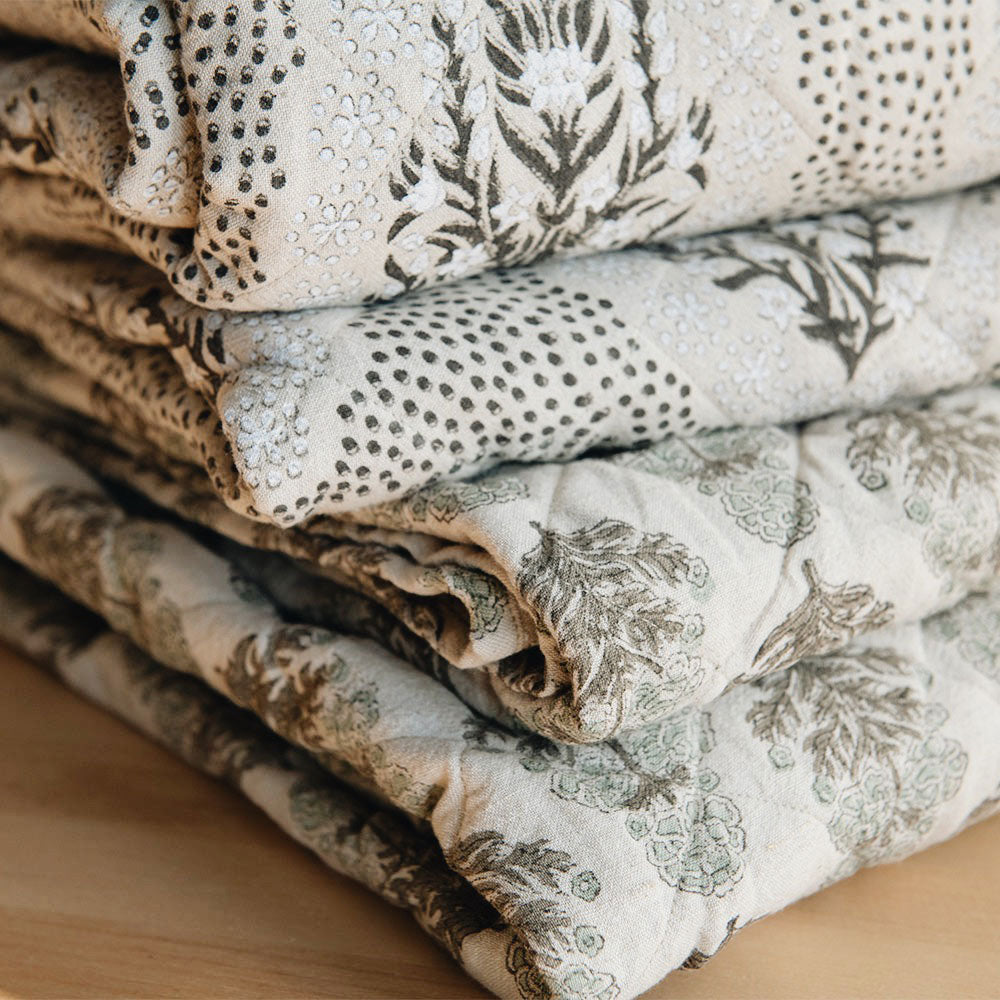 Block-Printed 2-sided Cotton Linen Coverlet