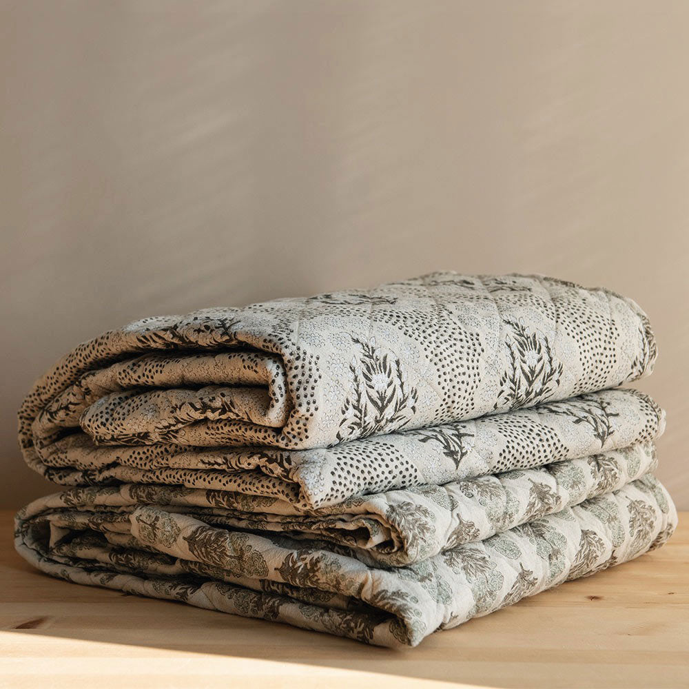 Block-Printed 2-sided Cotton Linen Coverlet