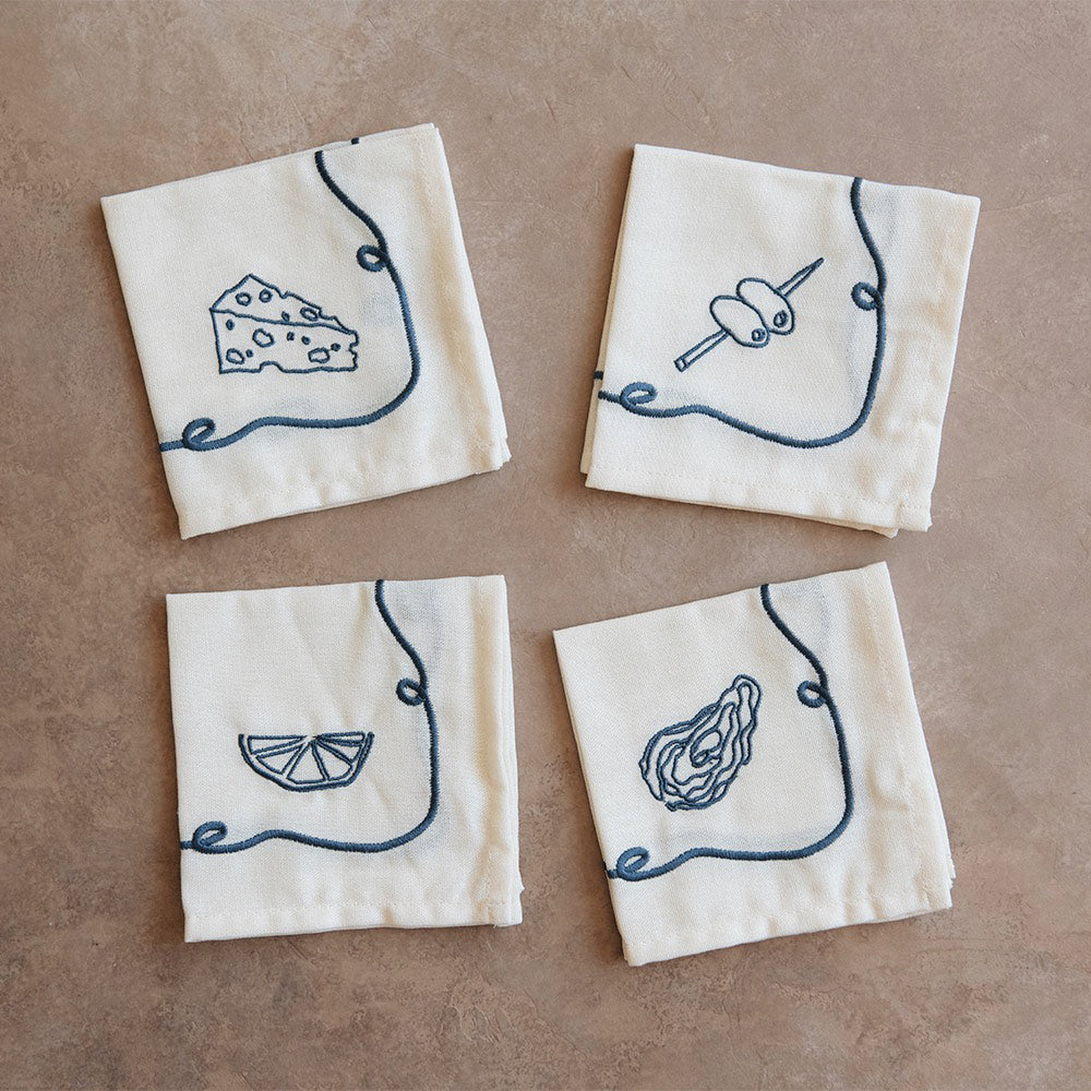 Embroidered Cocktail Napkin Set - Blue