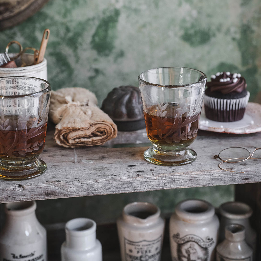 Hand-etched Footed Floral Glassware