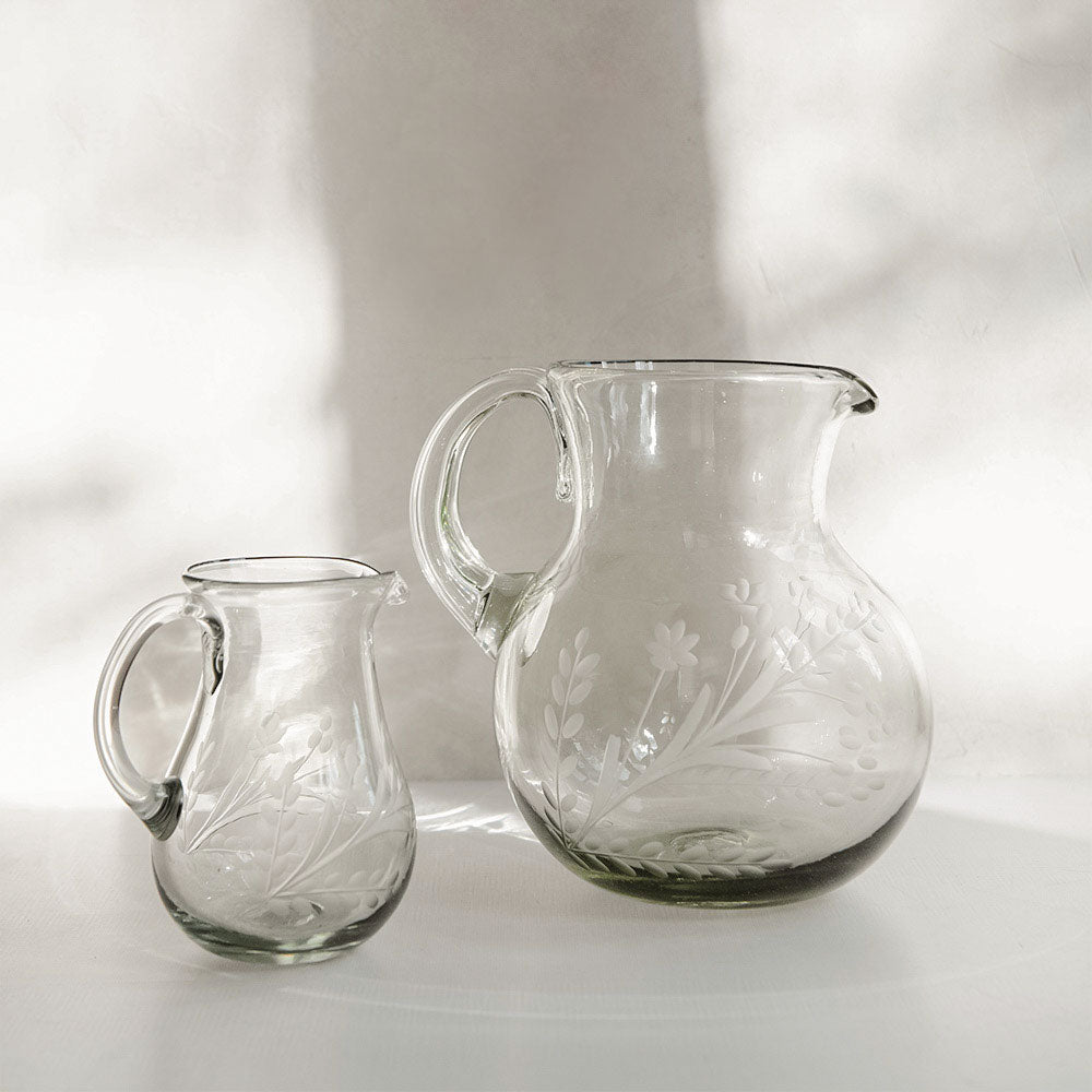 Round Etched Artisan Glass Pitcher