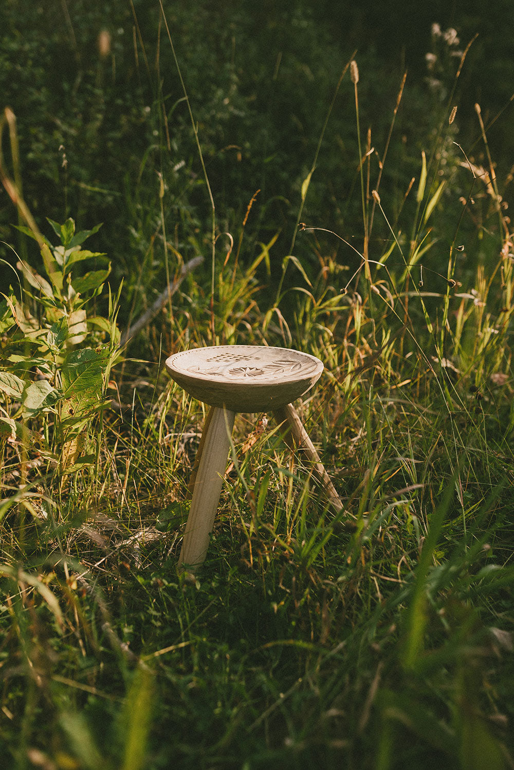 Hand-carved Wooden Stool with Motif