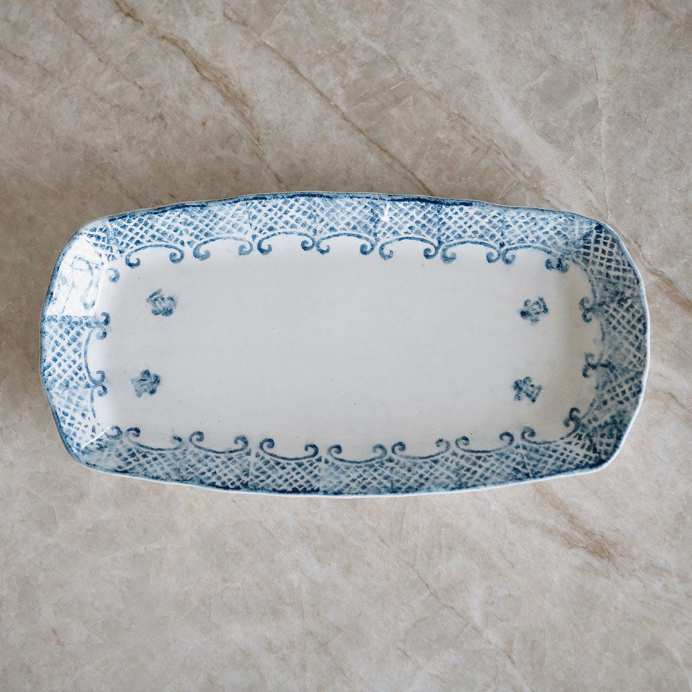 Hand-Painted Indigo Ceramic Tray - Large
