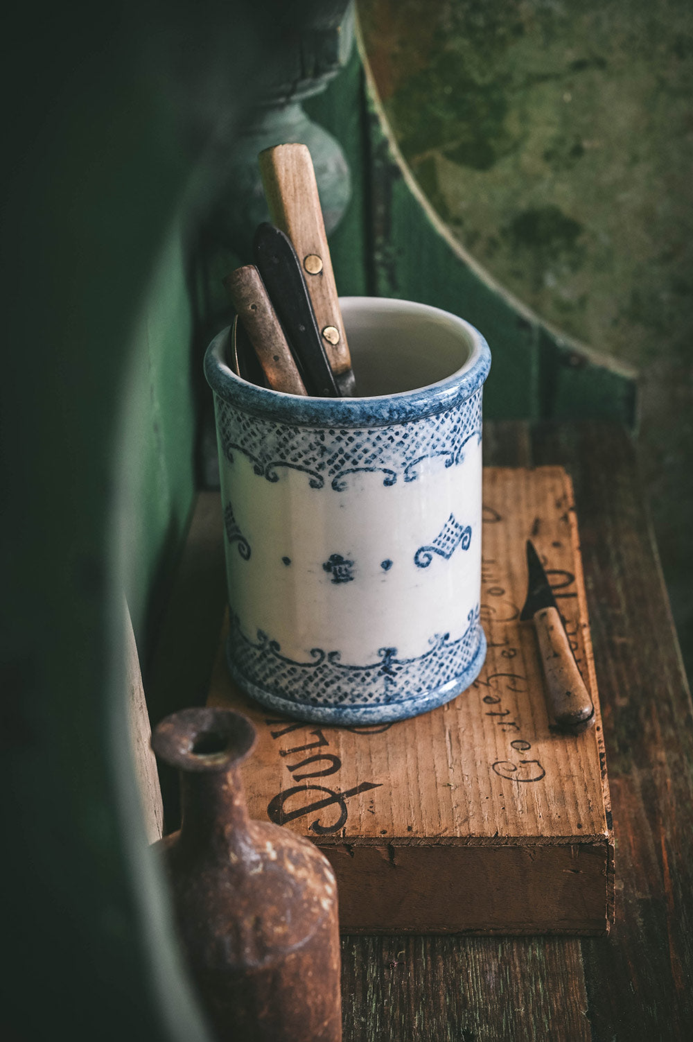 Hand-Painted Indigo Ceramic Crock