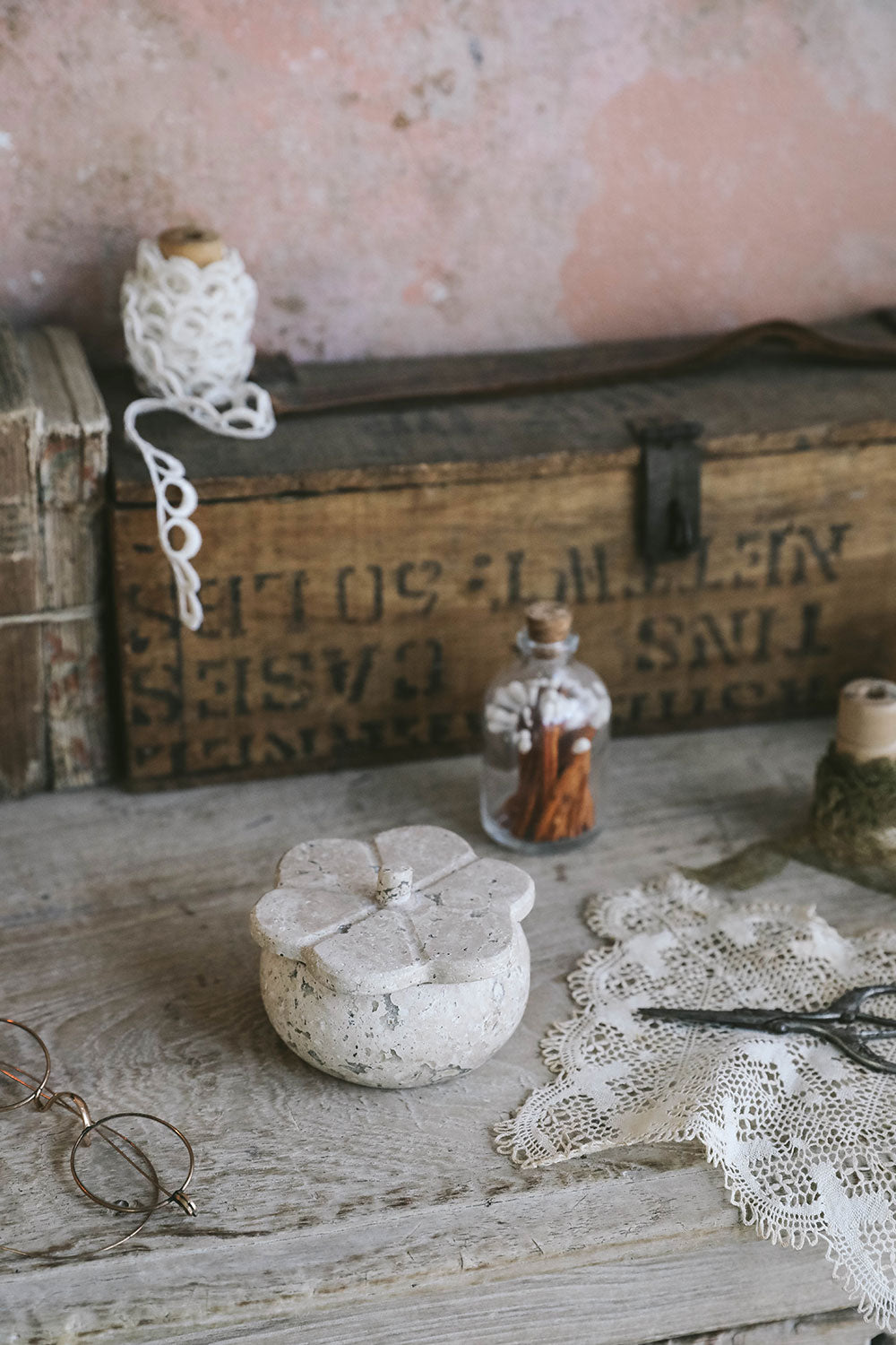 Lidded Travertine Petal Box