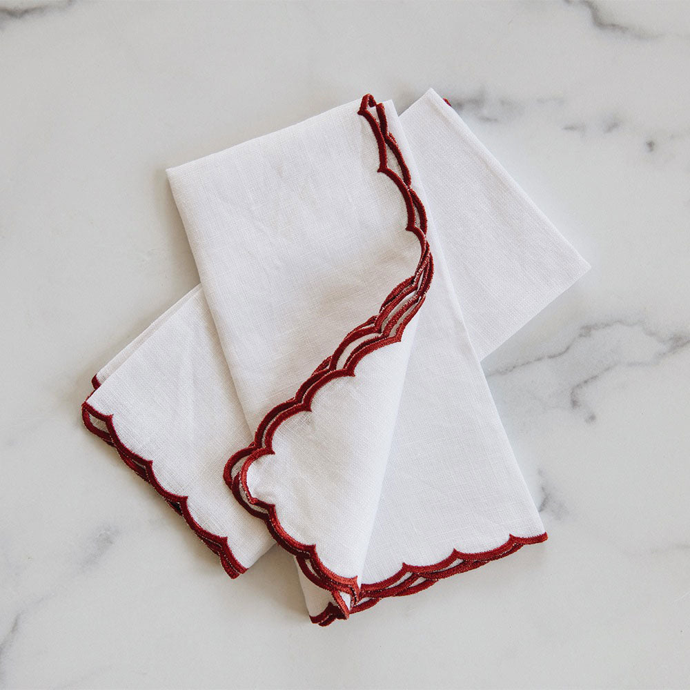 Scallop Border Linen Napkin Set - Red