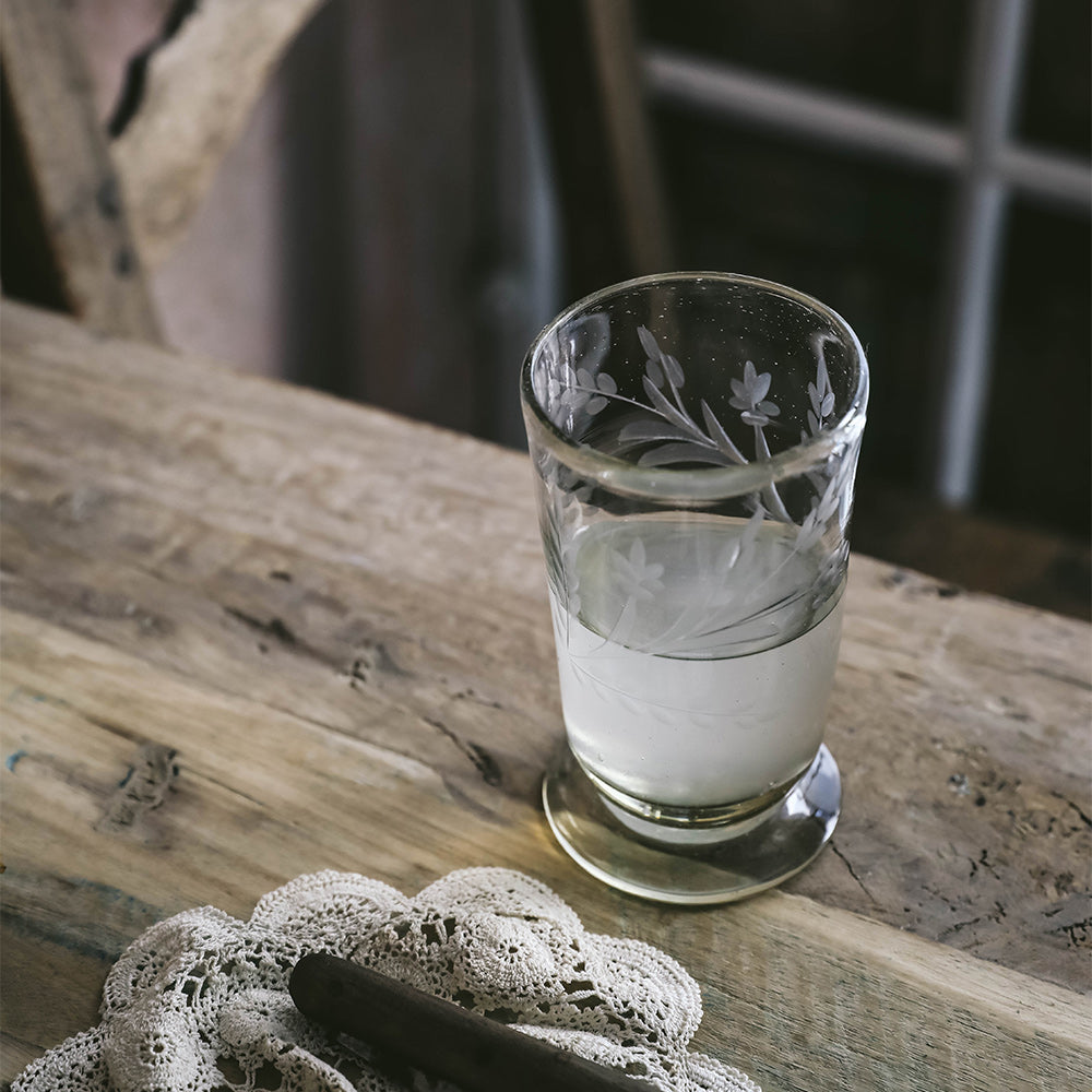 Tall Hand-etched Footed Floral Glassware