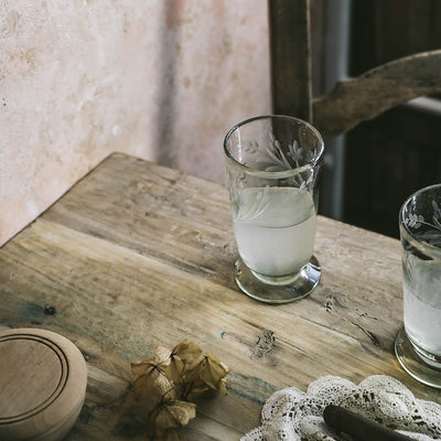 Tall Hand-etched Footed Floral Glassware