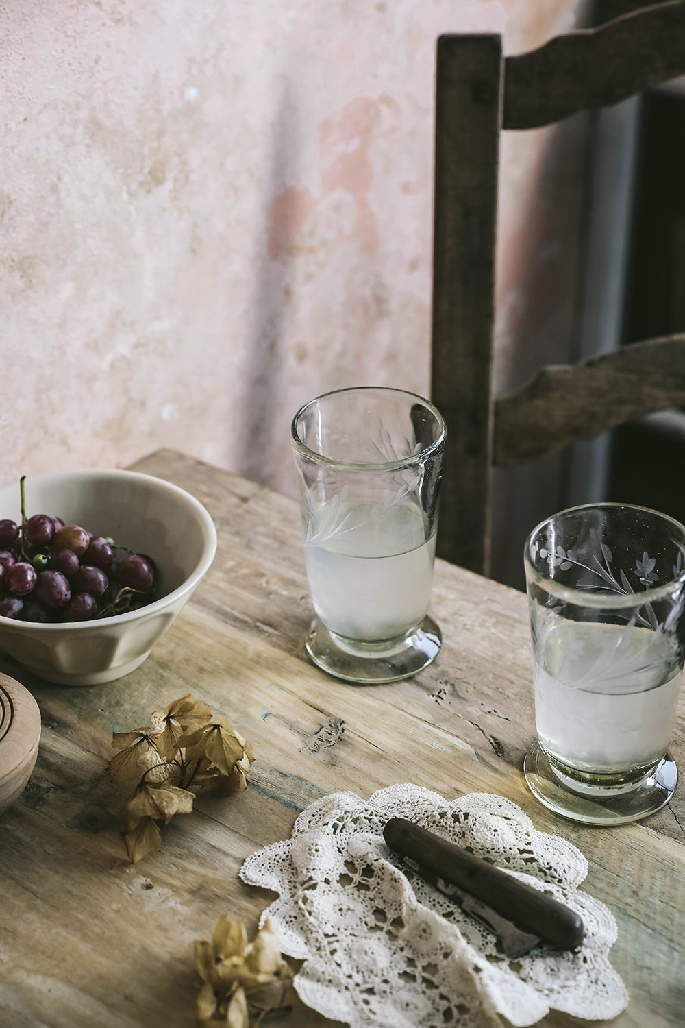 Tall Hand-etched Footed Floral Glassware