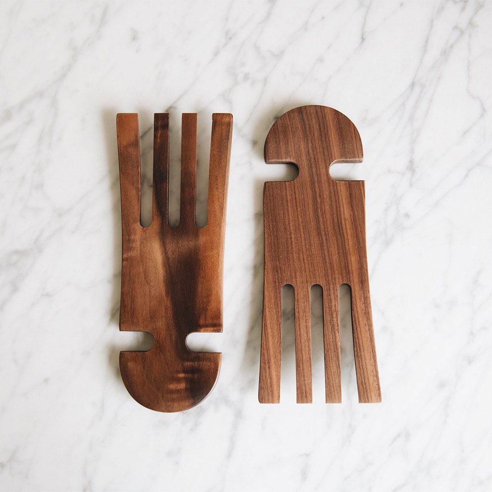 Hand Carved Walnut Hand Salad Servers