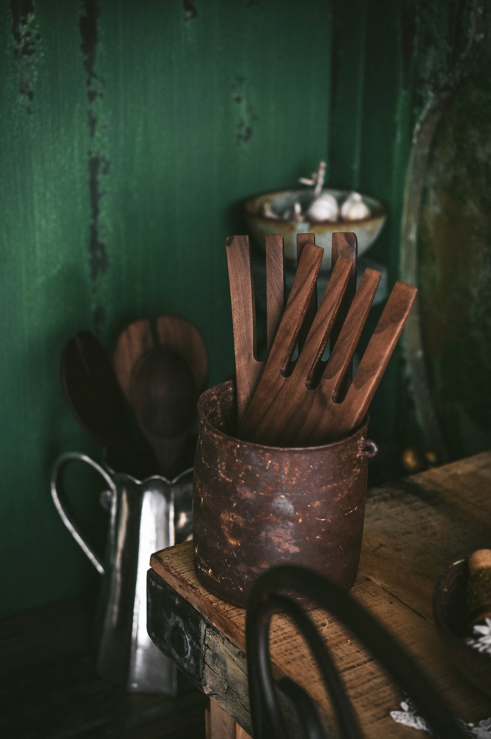 Hand Carved Walnut Hand Salad Servers