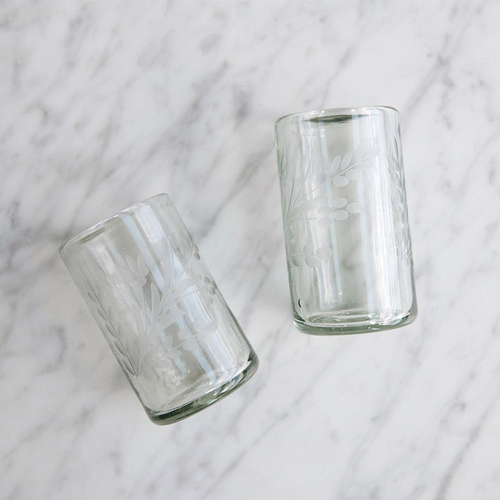 acid etched glass tumblers Hand-etched Floral Recycled Glassware