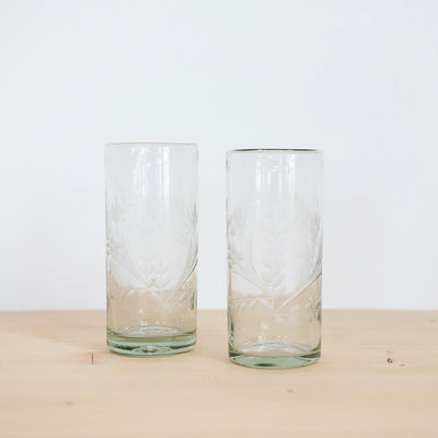 Hand-etched Floral Recycled Glassware