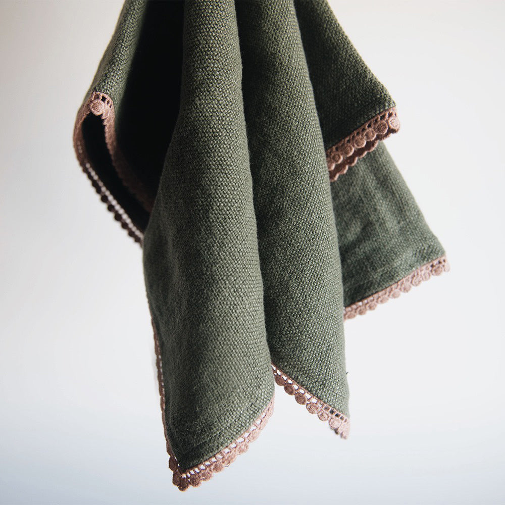 Heavyweight Table Linens with Lace Detail - Olive