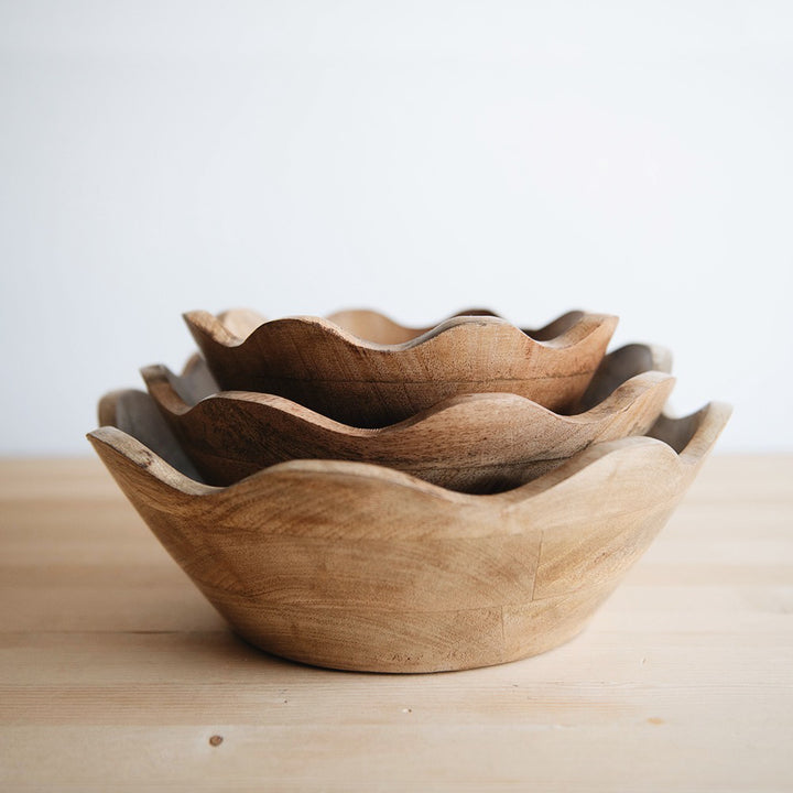 India Hand Carved Scalloped Mango Wood buy Salad Bowl Set