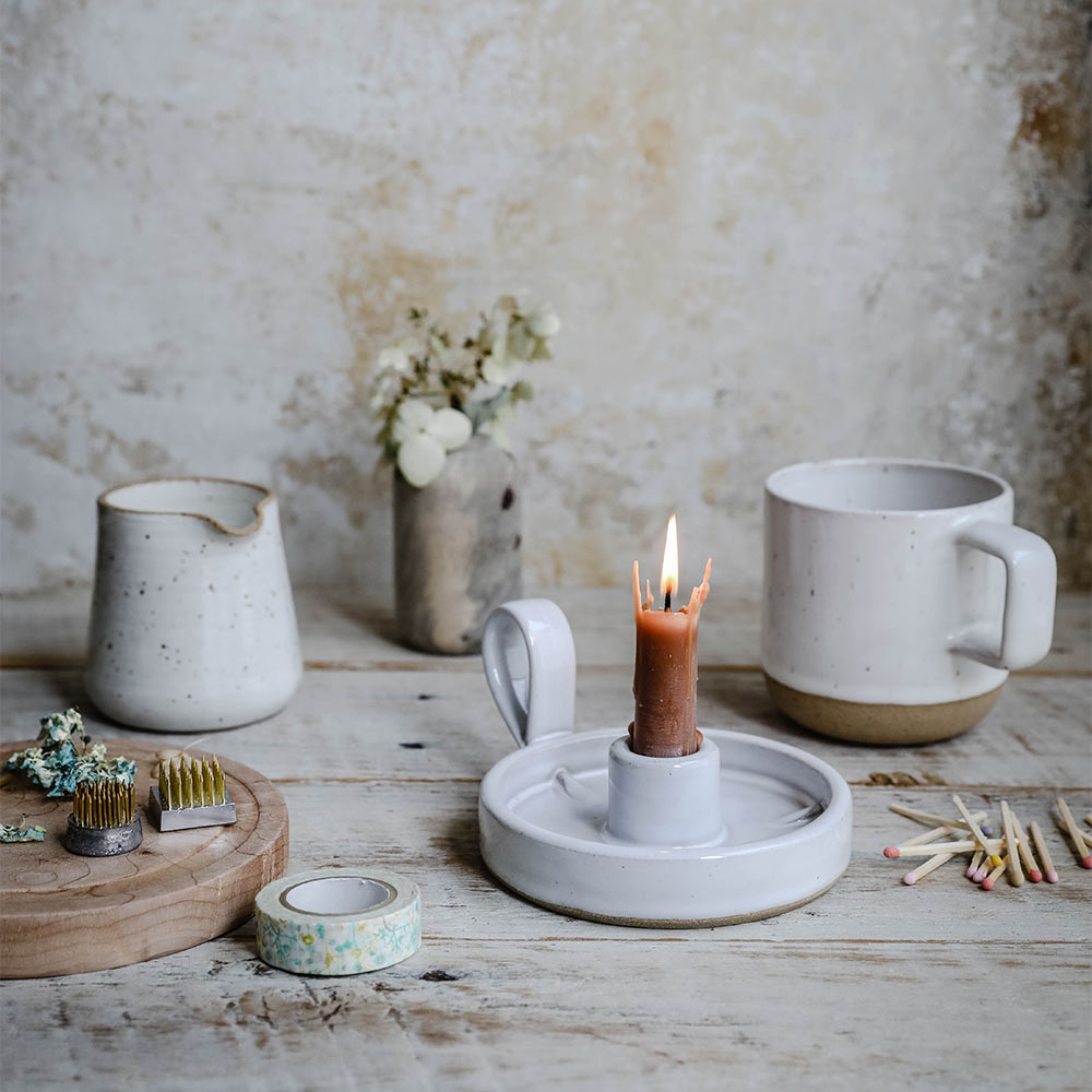 Stoneware Hurricane Candle Holder with Handle